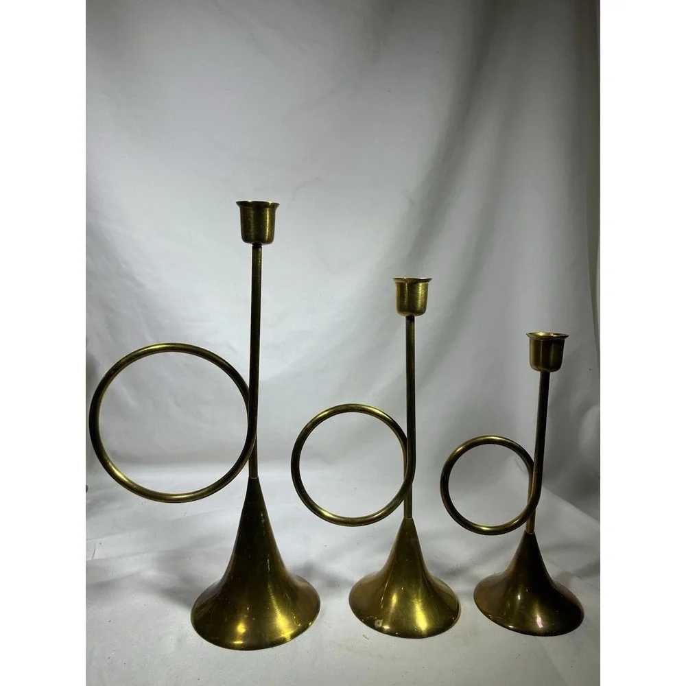 Vintage Brass CandleStick Holder French Horn Bugle Christmas Decor Set of 3 MCM